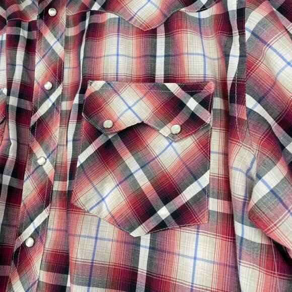 Vtg Rustler Wrangler Plaid Pearl Snap Shirt XL Red Short Sleeve Western Rodeo - Picture 3 of 11